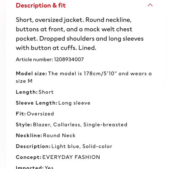 H&M Baby Blue Oversized Button Front Jacket - Picture 2 of 7